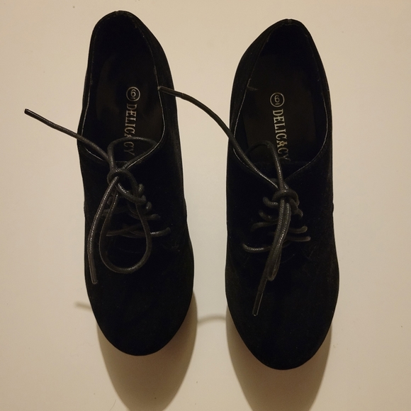 Delicacy Platform Black Suade Wedge Heels 6 - Picture 9 of 11